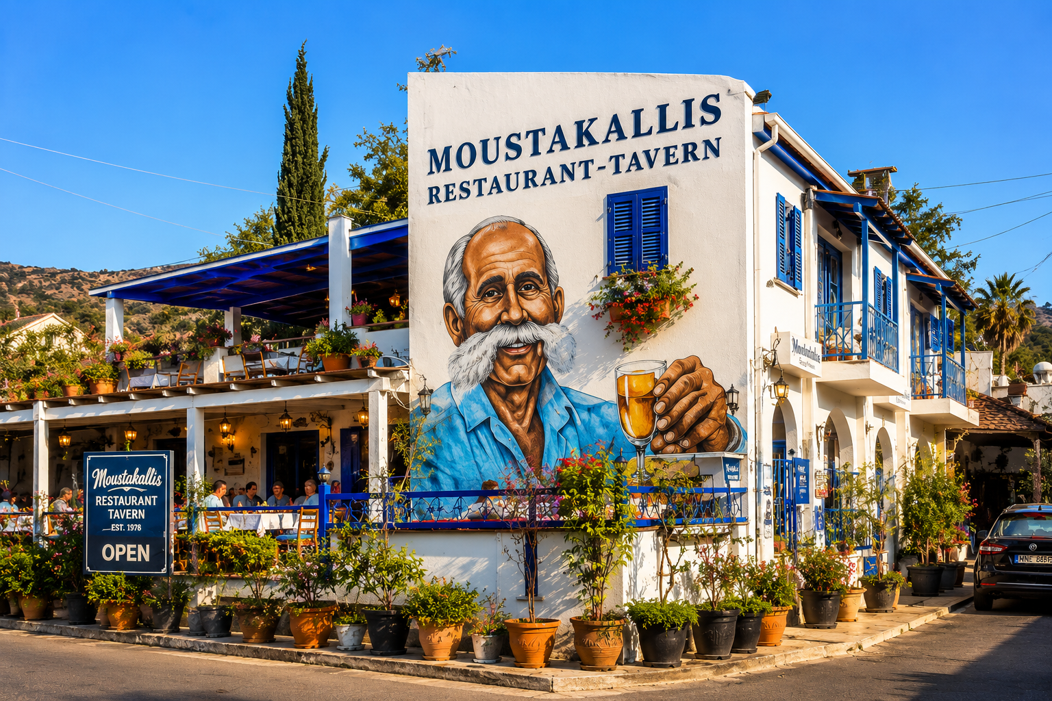 Exterior of Moustakallis Tavern in Polis, Cyprus, a family-run restaurant famous for fresh seafood, traditional meze and authentic Cypriot cuisine.